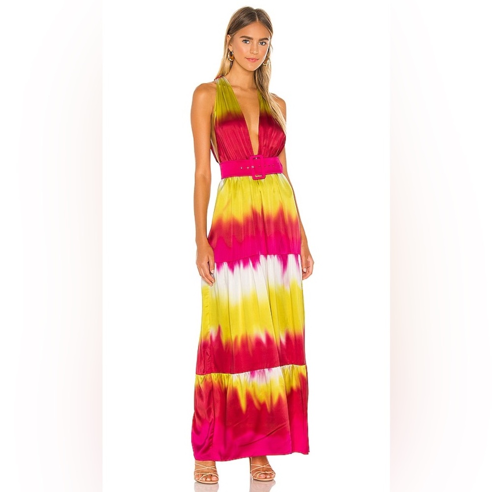 Lovers + Friends Lauren Maxi Dress Pink Yellow Tie Dye Plunge Belted Gown XS NWT